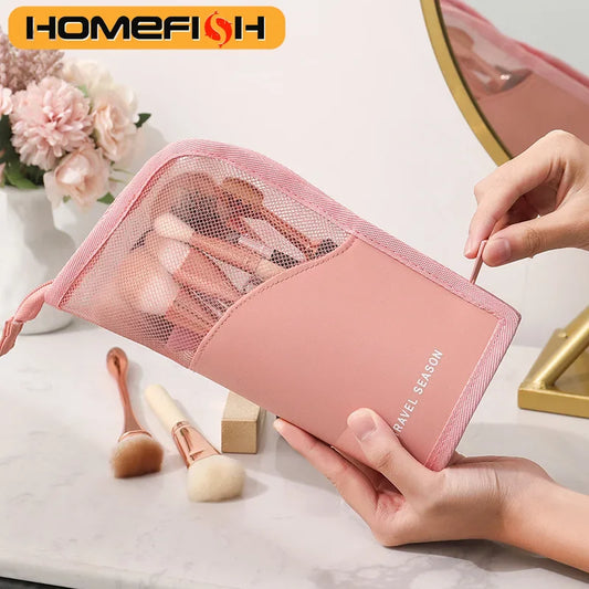 HOMEFISH Standing Cosmetic Bag - Clear Panel Makeup Organizer with Brush Holder