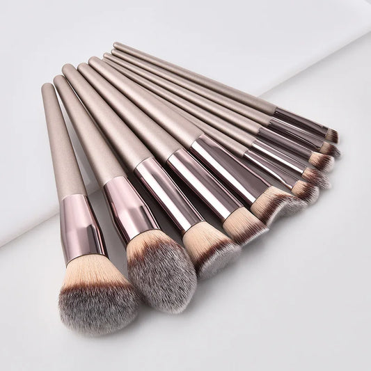 Professional Champagne Gold Makeup Brush Set - 14 Piece Premium Synthetic Hair Collection