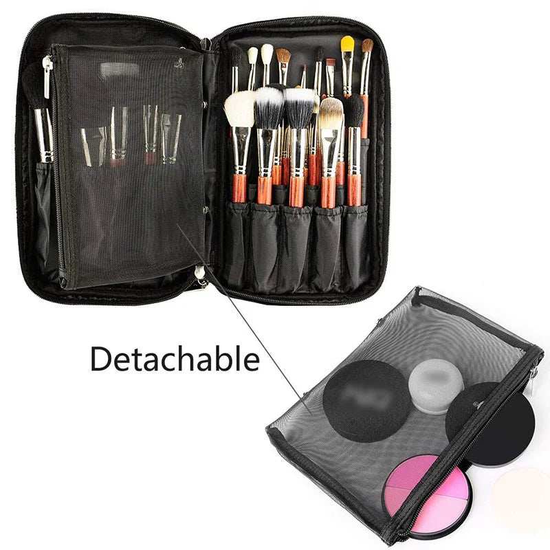 Professional Multi-Functional Cosmetic Organizer - Travel Makeup Bag with Brush Holders