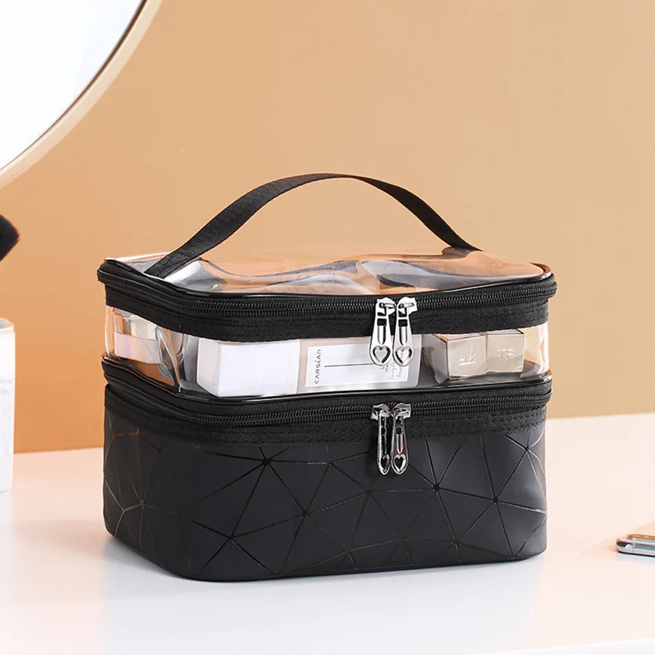 Double Transparent Cosmetic Bag - Big Capacity Travel Makeup Organizer