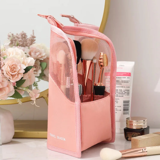 HOMEFISH Standing Cosmetic Bag - Clear Panel Makeup Organizer with Brush Holder