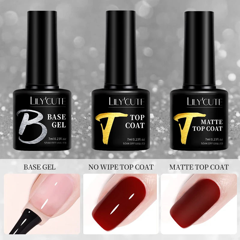 LILYCUTE UV Gel Nail Polish - Base & No-Wipe Top Coat Set (7ml)