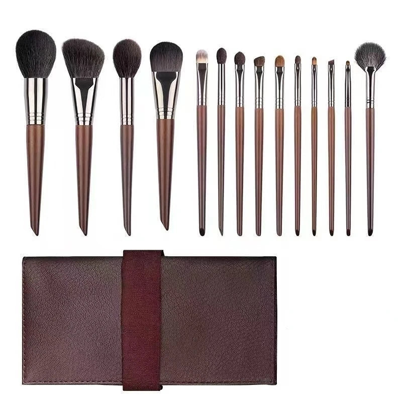 Professional 14-Piece Natural Goat Hair Makeup Brush Set with Premium Wooden Handles & Travel Case