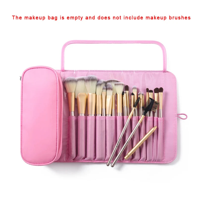 Rolling Makeup Brush Bag - Waterproof Travel Organizer with Foldable Design