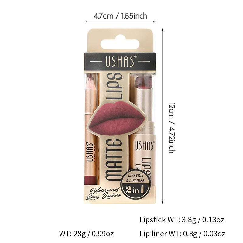 USHAS 12-Color Matte Lip Liner & Lipstick Set - Long-Lasting Nude & Red Shades