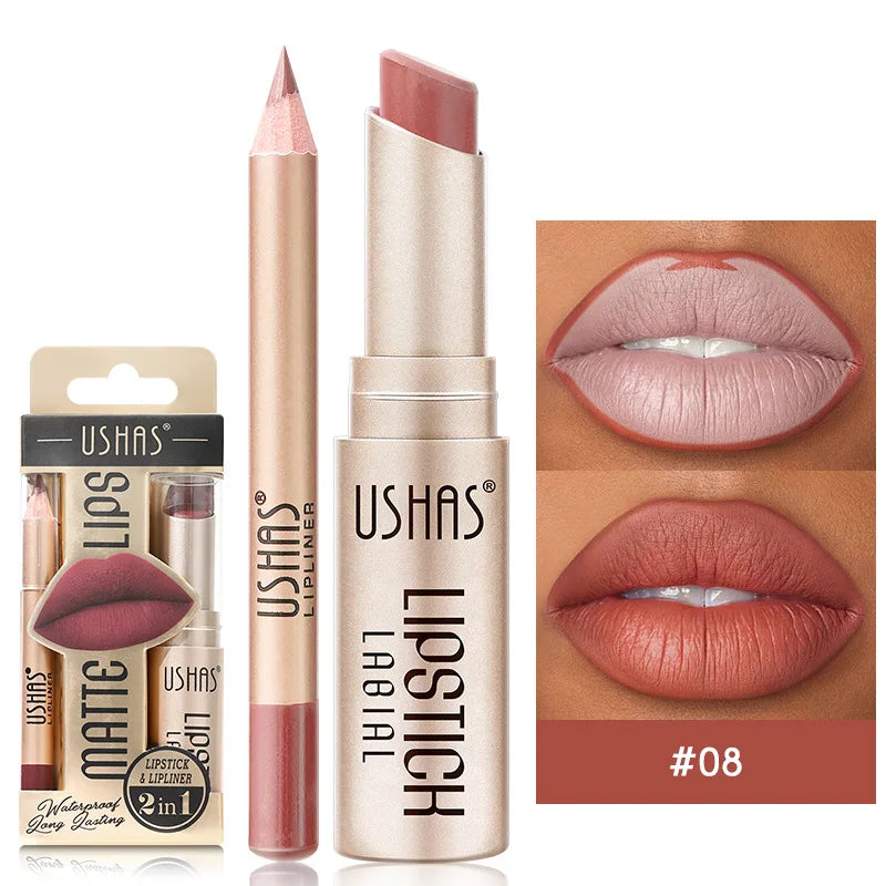 USHAS 12-Color Matte Lip Liner & Lipstick Set - Long-Lasting Nude & Red Shades