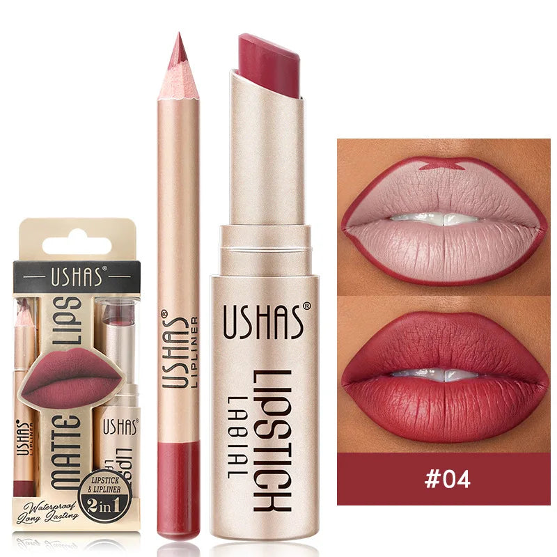 USHAS 12-Color Matte Lip Liner & Lipstick Set - Long-Lasting Nude & Red Shades