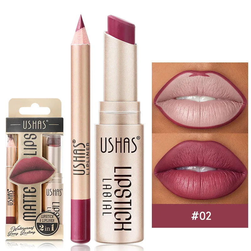 USHAS 12-Color Matte Lip Liner & Lipstick Set - Long-Lasting Nude & Red Shades