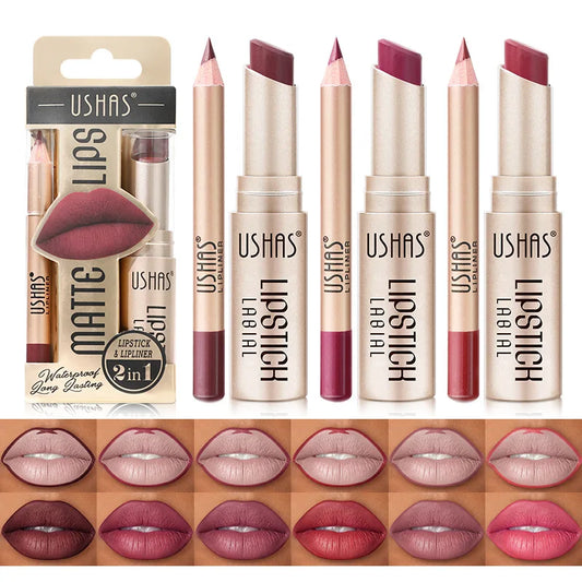 USHAS 12-Color Matte Lip Liner & Lipstick Set - Long-Lasting Nude & Red Shades