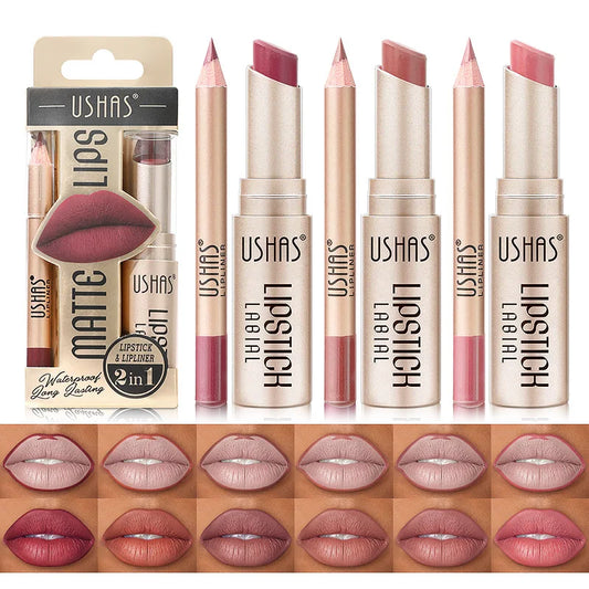 USHAS 12-Color Matte Lip Liner & Lipstick Set - Long-Lasting Nude & Red Shades