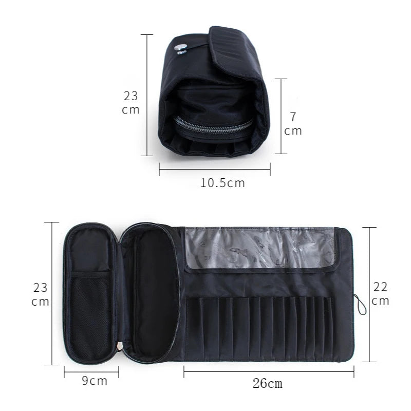 Rolling Makeup Brush Bag - Waterproof Travel Organizer with Foldable Design