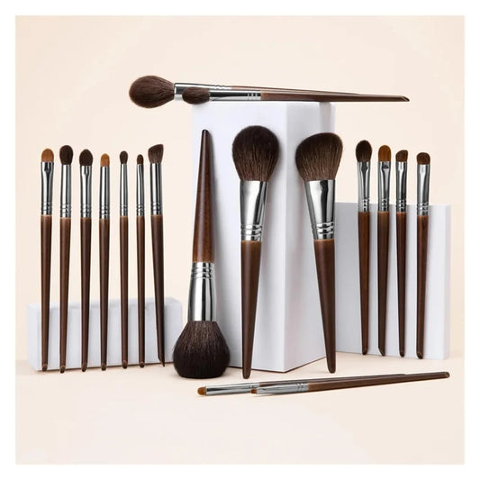 Professional 14-Piece Natural Goat Hair Makeup Brush Set with Premium Wooden Handles & Travel Case