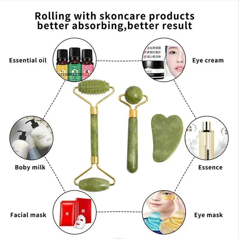 Natural Jade Roller & Gua Sha Set - Face and Body Massage Tool