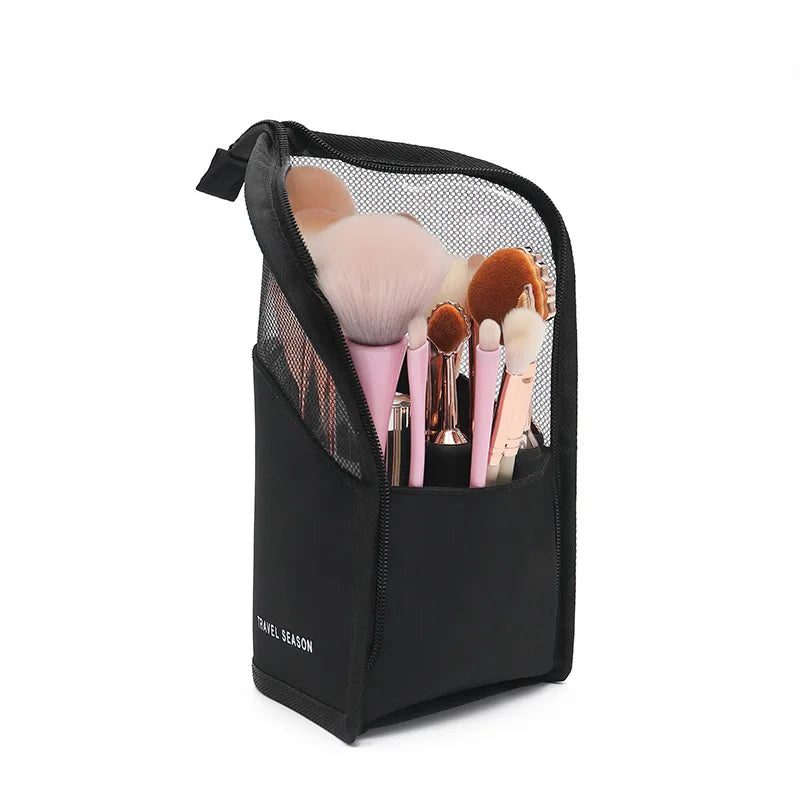 HOMEFISH Standing Cosmetic Bag - Clear Panel Makeup Organizer with Brush Holder