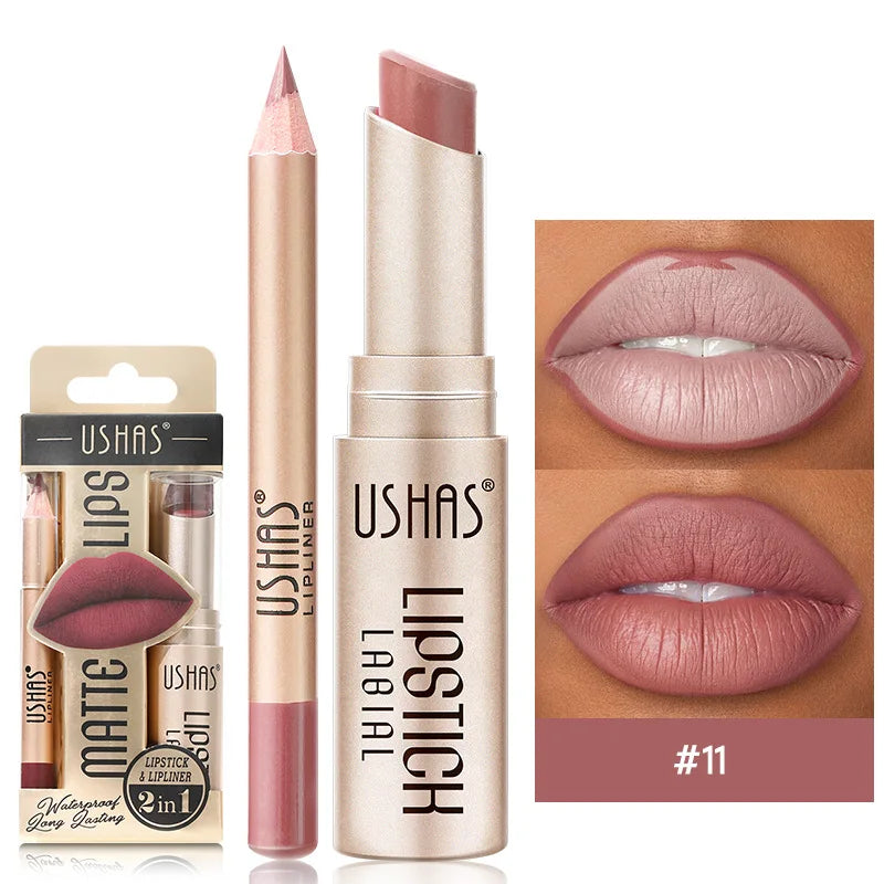 USHAS 12-Color Matte Lip Liner & Lipstick Set - Long-Lasting Nude & Red Shades