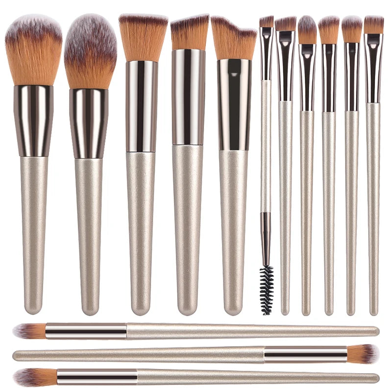 Professional Champagne Gold Makeup Brush Set - 14 Piece Premium Synthetic Hair Collection