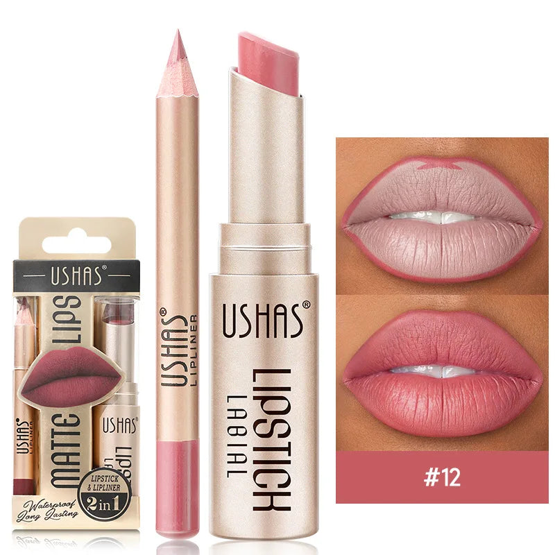 USHAS 12-Color Matte Lip Liner & Lipstick Set - Long-Lasting Nude & Red Shades