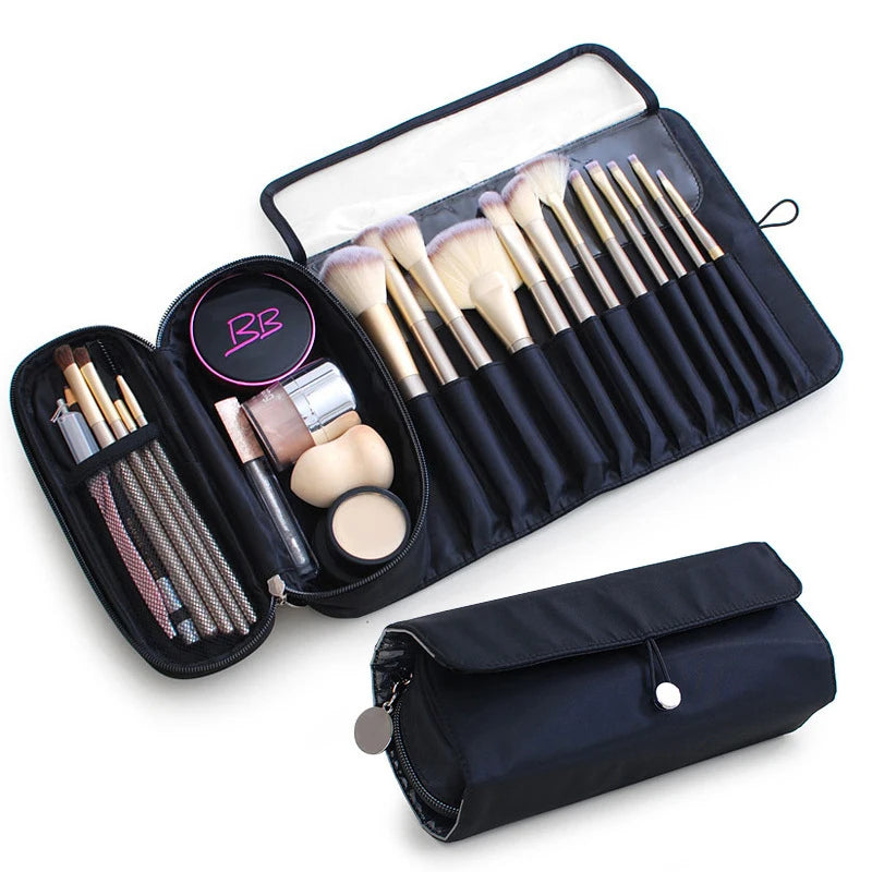 Rolling Makeup Brush Bag - Waterproof Travel Organizer with Foldable Design