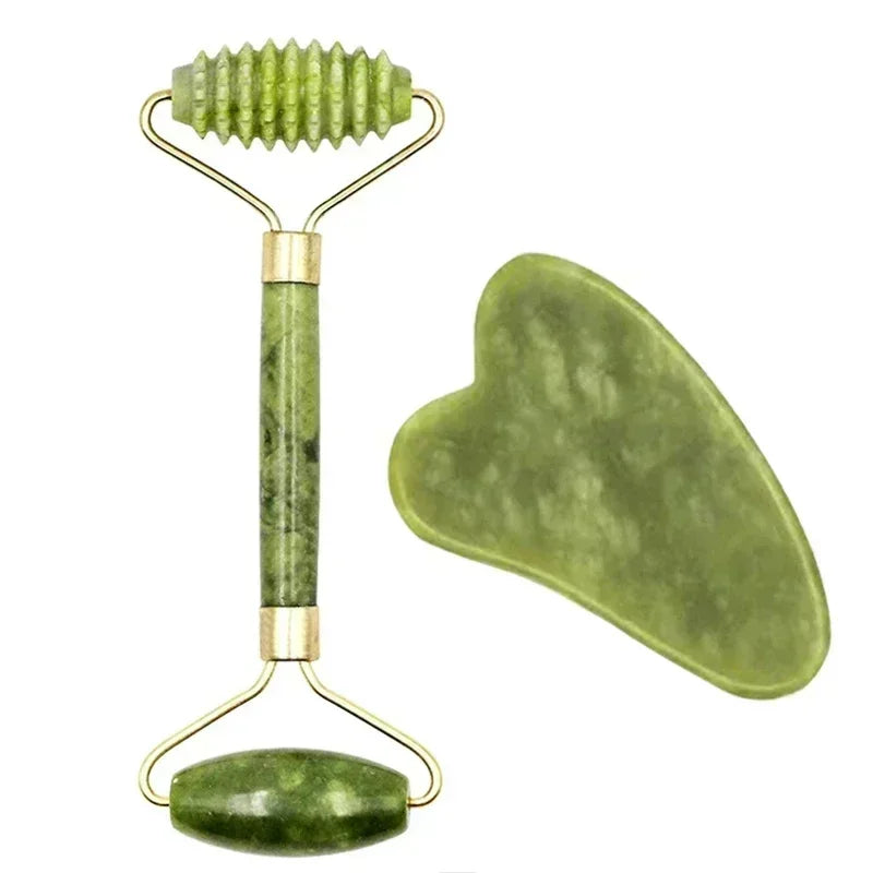 Natural Jade Roller & Gua Sha Set - Face and Body Massage Tool