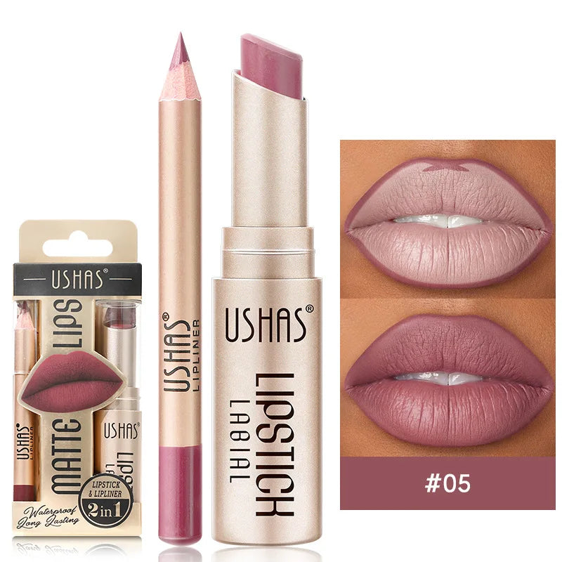 USHAS 12-Color Matte Lip Liner & Lipstick Set - Long-Lasting Nude & Red Shades
