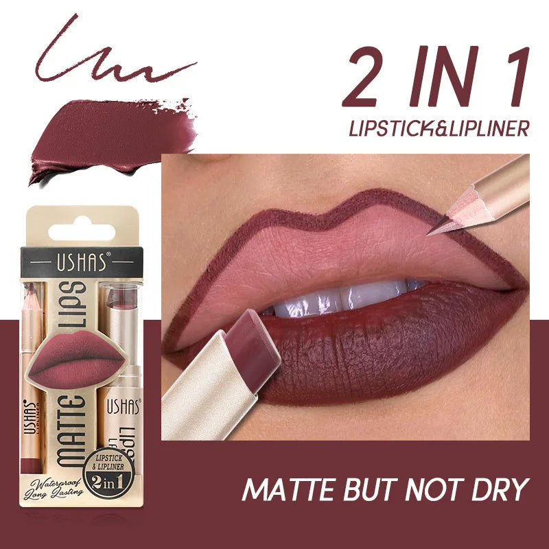 USHAS 12-Color Matte Lip Liner & Lipstick Set - Long-Lasting Nude & Red Shades