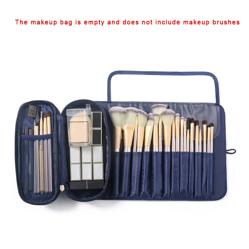 Rolling Makeup Brush Bag - Waterproof Travel Organizer with Foldable Design