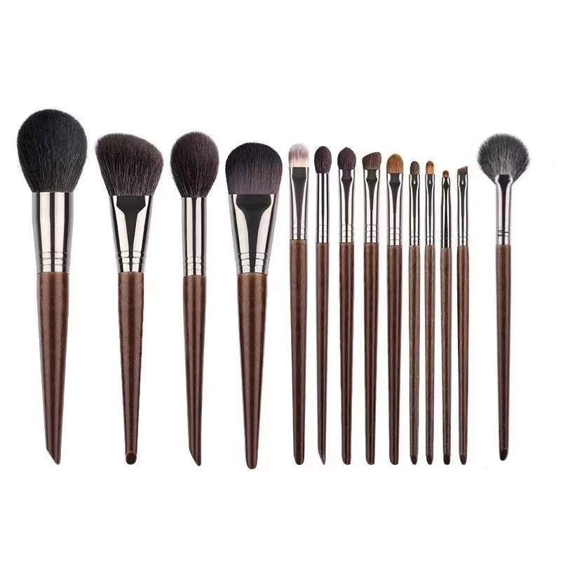 Professional 14-Piece Natural Goat Hair Makeup Brush Set with Premium Wooden Handles & Travel Case