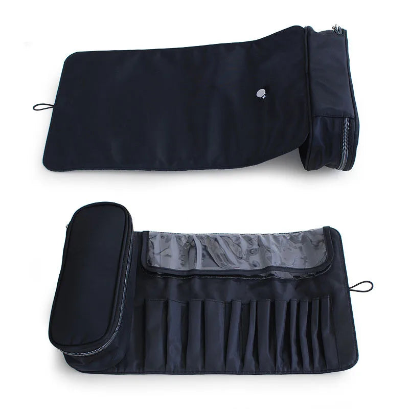 Rolling Makeup Brush Bag - Waterproof Travel Organizer with Foldable Design