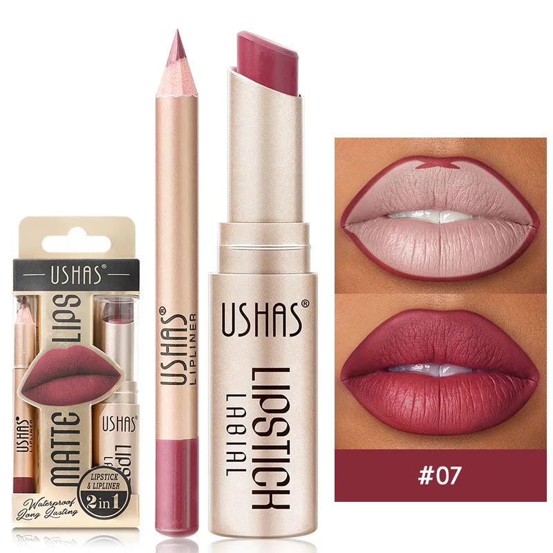 USHAS 12-Color Matte Lip Liner & Lipstick Set - Long-Lasting Nude & Red Shades