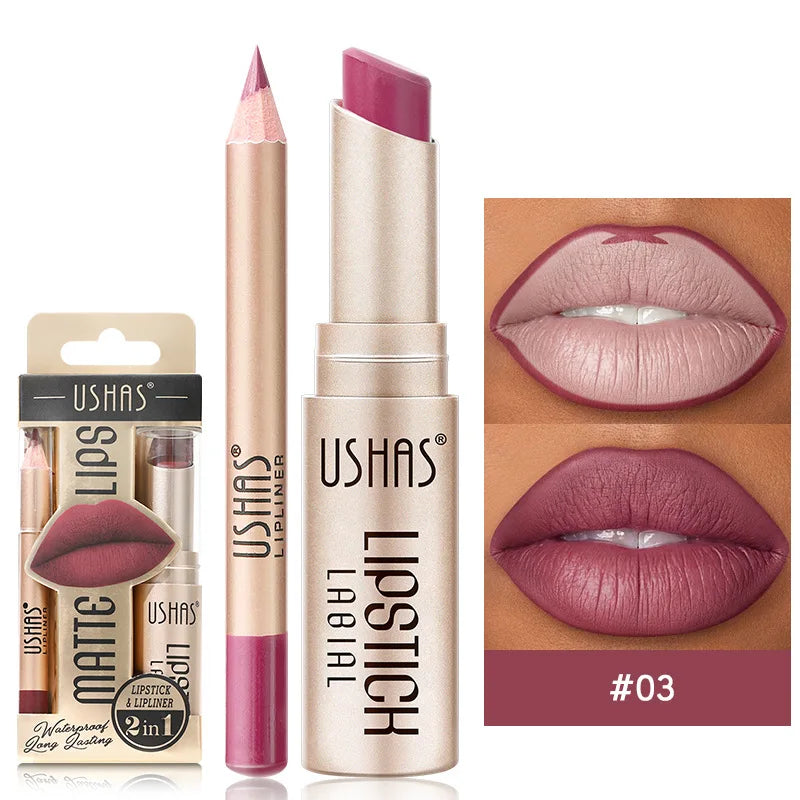 USHAS 12-Color Matte Lip Liner & Lipstick Set - Long-Lasting Nude & Red Shades
