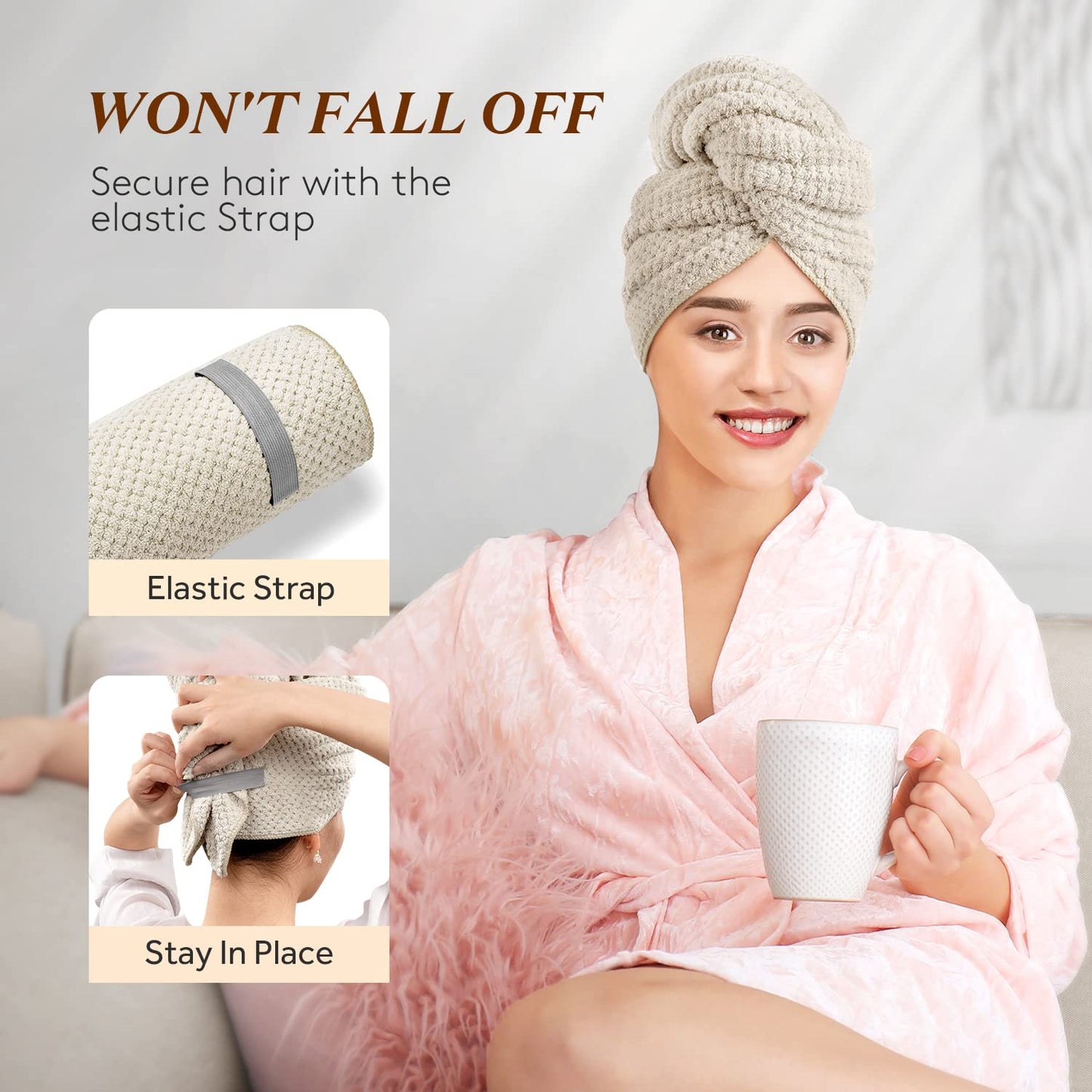 Ultra-Absorbent Premium Coral Velvet Microfiber Hair Towel Wrap with Secure Elastic Band